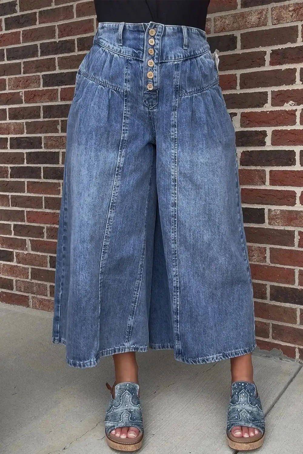 High Rise Buttons Pleated Cropped Wide Leg Denim Pants