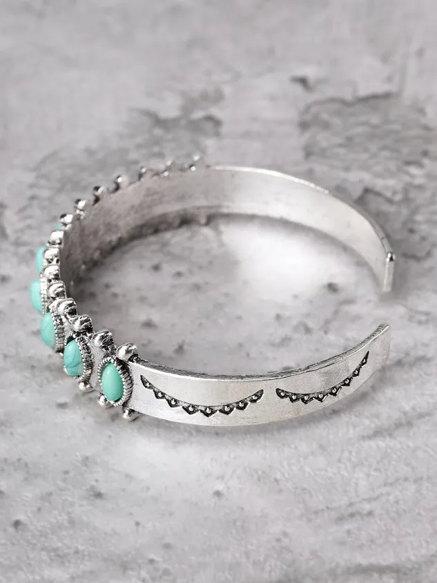 Silver Antique Distressed Inlaid Turquoise Cuff Bracelet Everyday Ethnic Jewelry