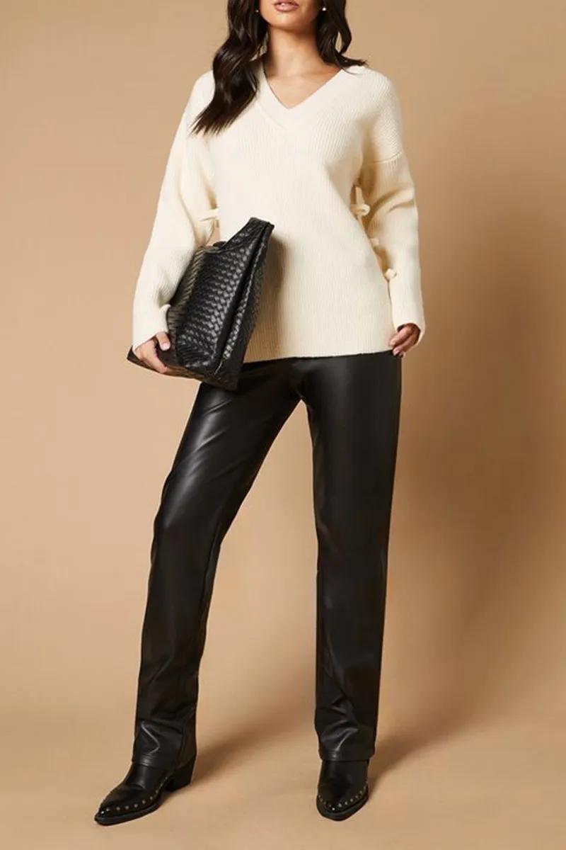 Casual Style Bow Side V Neck Sweaters