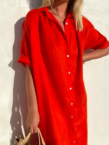 Loose Shirt Collar Short Sleeve Casual Cotton Dress