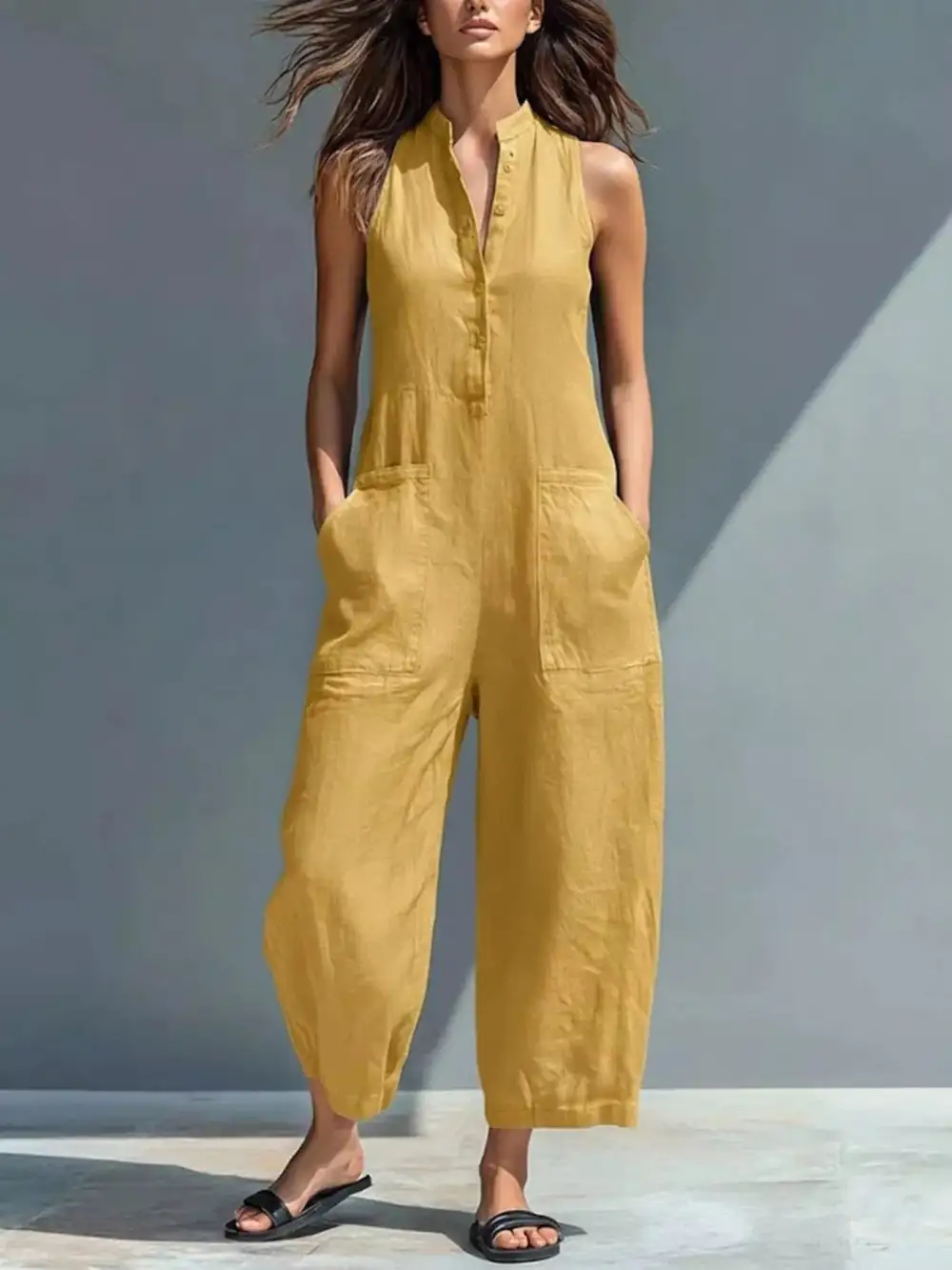 Button Front Sleeveless Jumpsuit