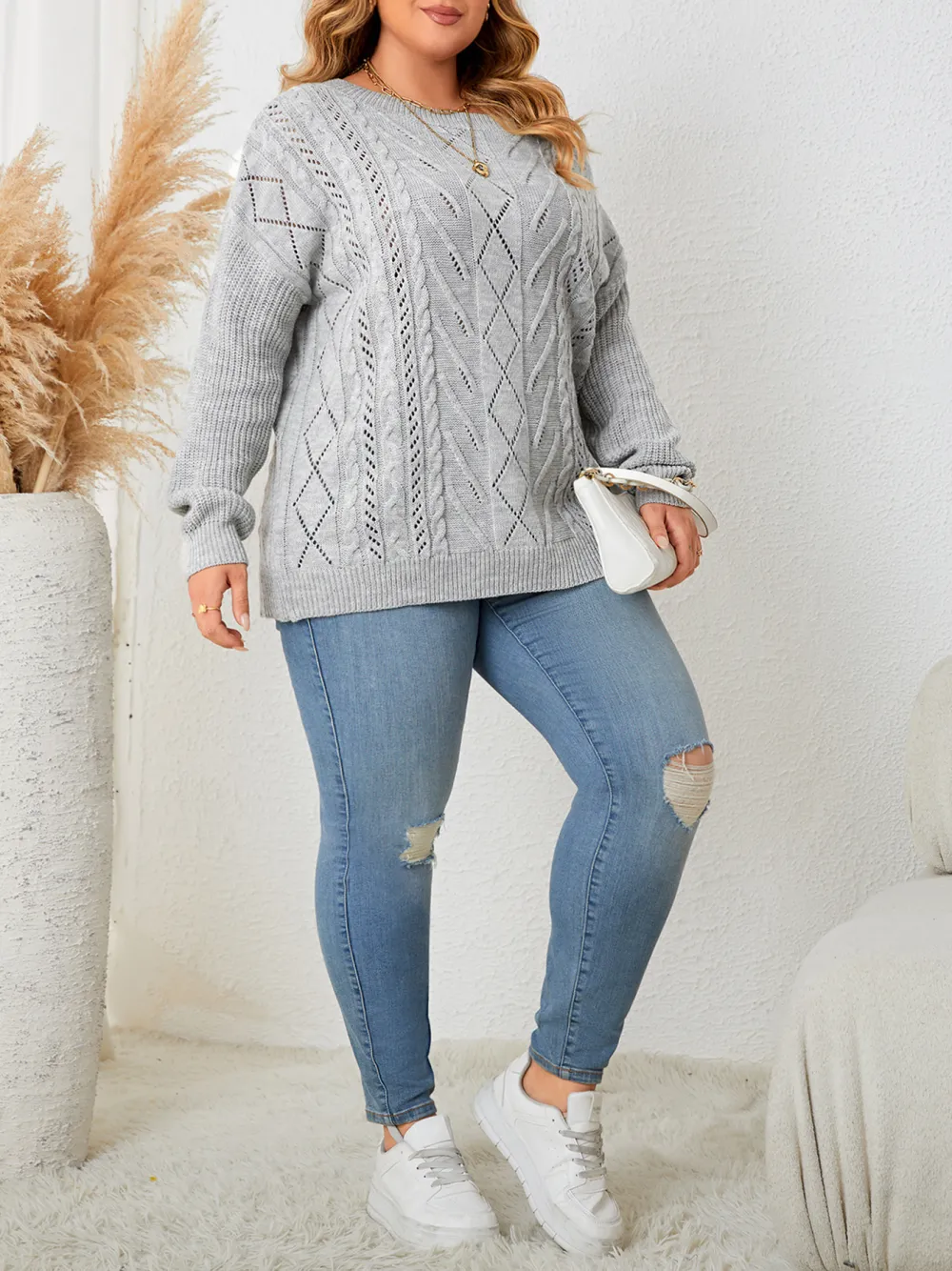 Women Plus Size Knitted Sweater Long Sleeve Off Shoulder Top