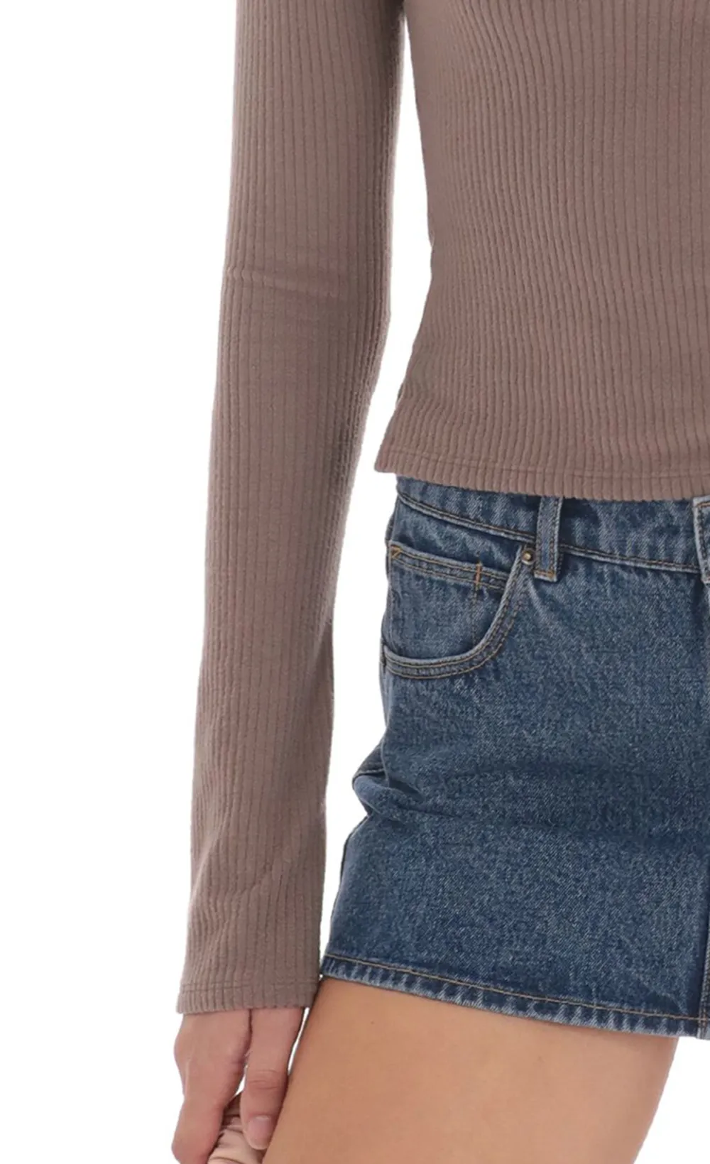 Ribbed Off Shoulder Top In Taupe