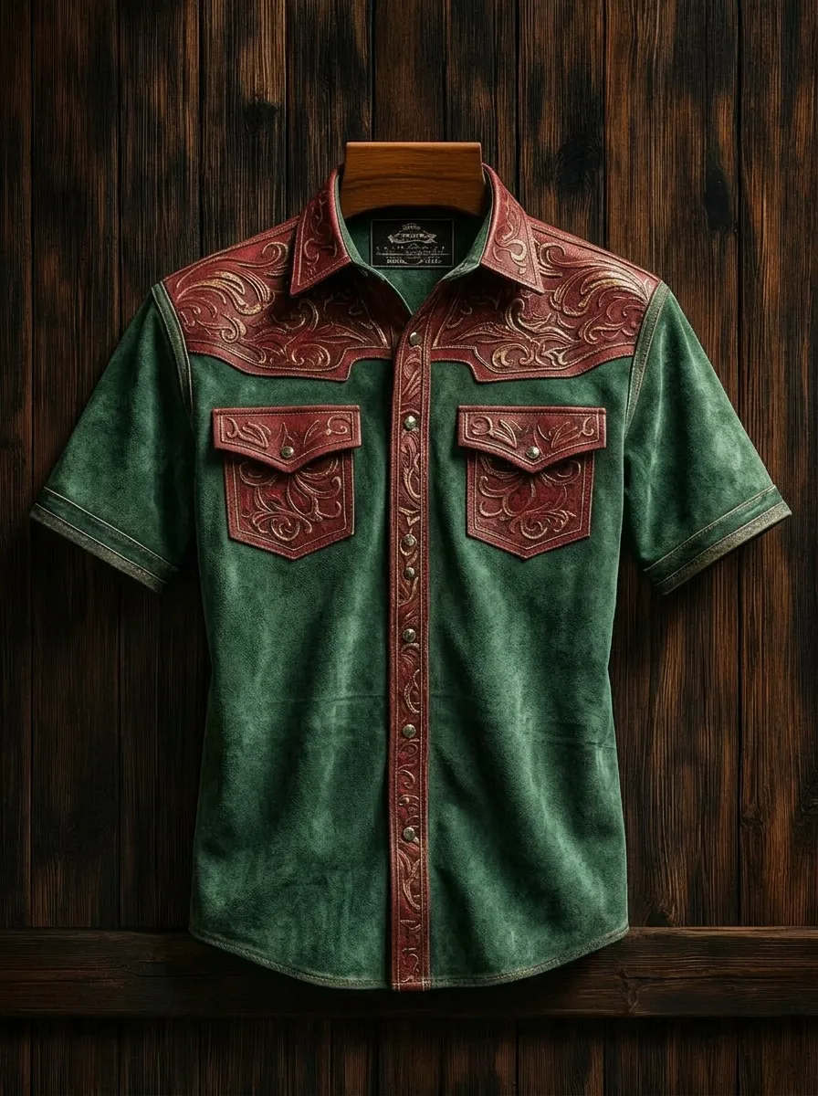 Men's Western Cowboy Floral Tooled Leather Printed Shirt-3