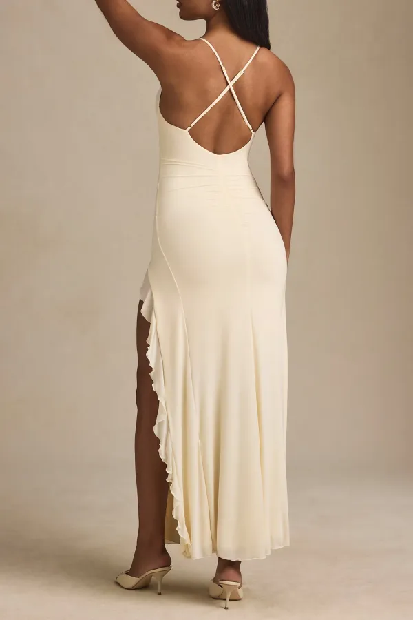 Fashionable Cute Suspender Ruffled Slit Dress