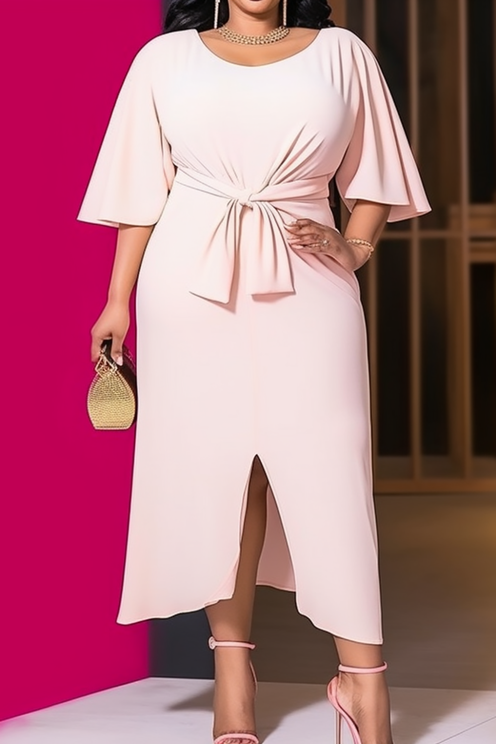 Plus Size Pink Formal Elegant Ruffled Puff Sleeve Wrap Slit Midi Dresses [New]