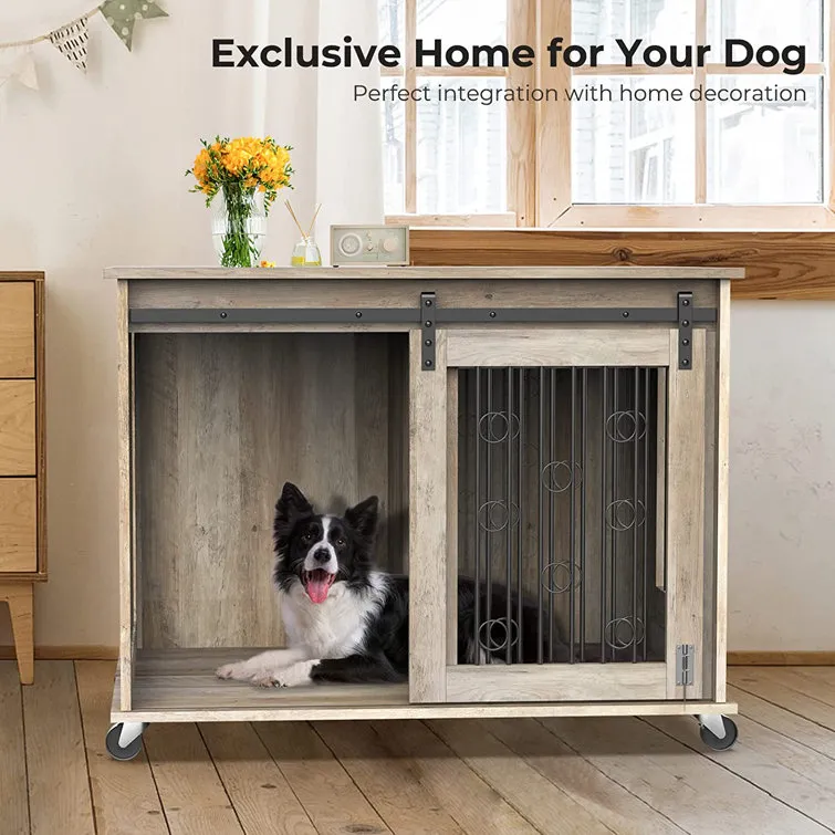 Dog Crate Furniture With Divider For 2 Small To Medium Pets, Wooden Cage End Table, Heavy Duty Indoor Puppy Kennel With Removable Divider And Sliding Door, 39.37'w*25.2'd*28.94'h