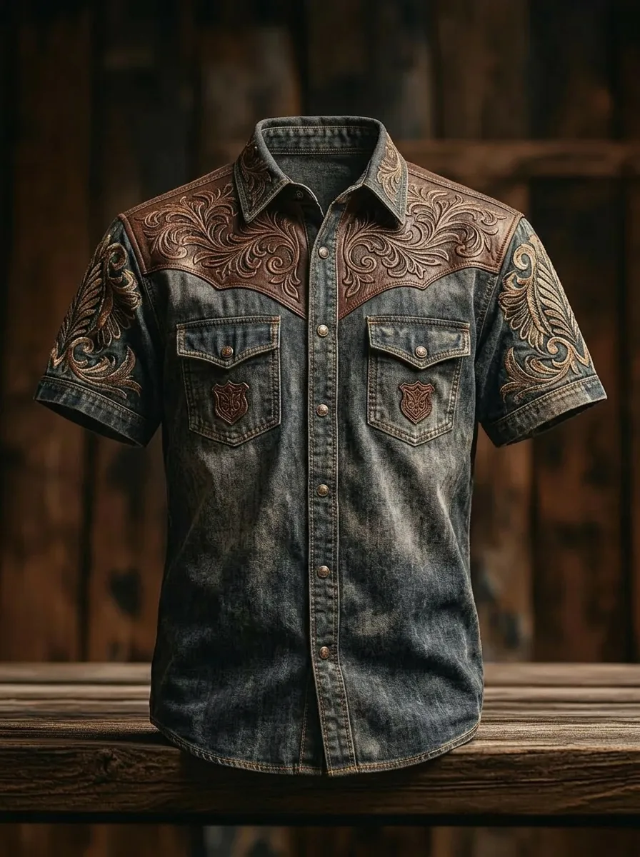 Men's Western Cowboy Floral Tooled Leather Print Denim Shirt