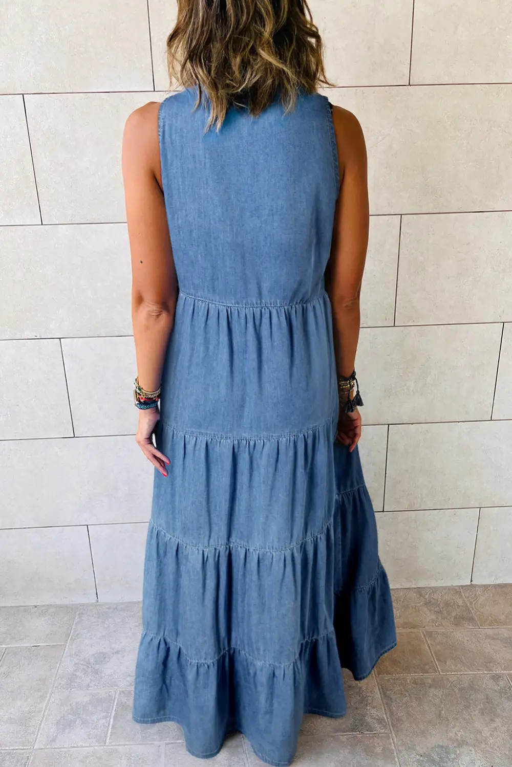 Sleeveless Tiered Denim Maxi Dress