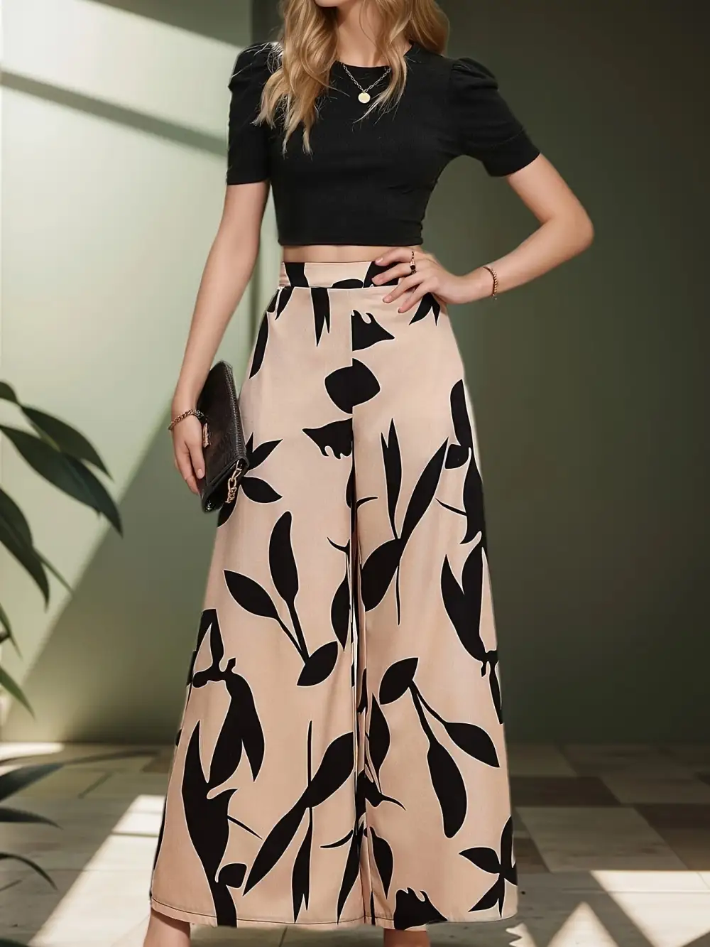 Two-Piece Pantsuit: Effortless Elegance (Solid Tee, Leaf Print Pants)