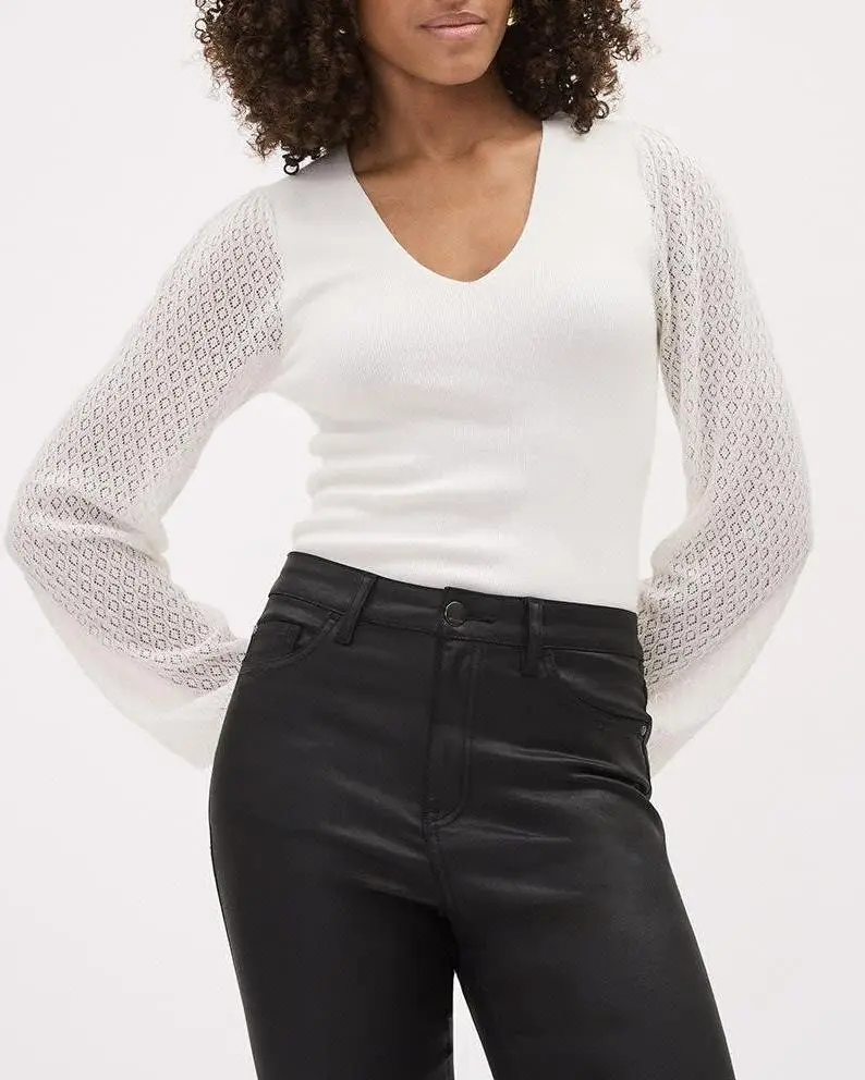 Long-Puffy-Sleeve V-Neck Sweater with Pointelle Stitches