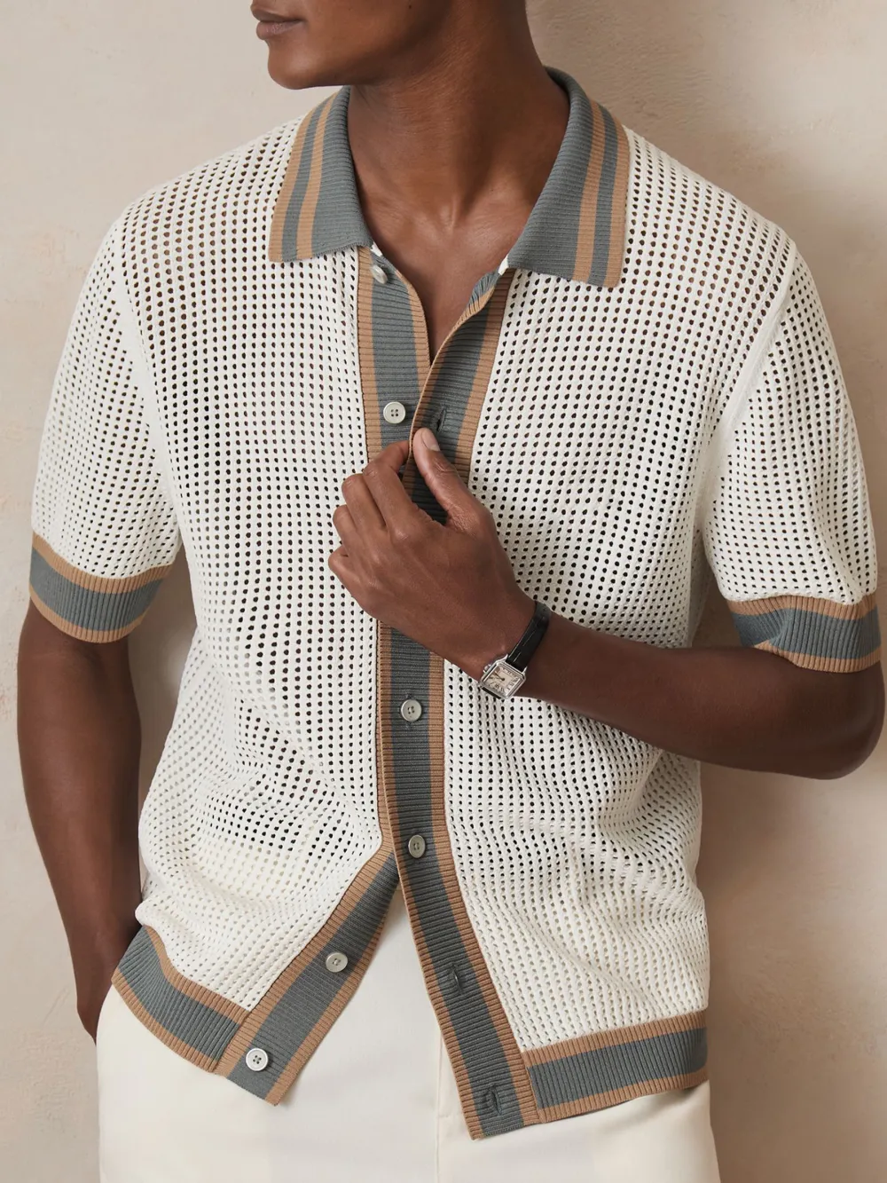 Vacation Breathable Crochet Fabric Men's Shirt