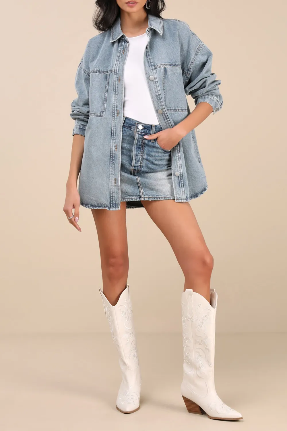 Casual Style Light Wash Denim Oversized Shacket