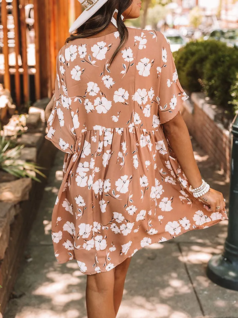 Khaki V Neck Floral Babydoll Dress with Pockets