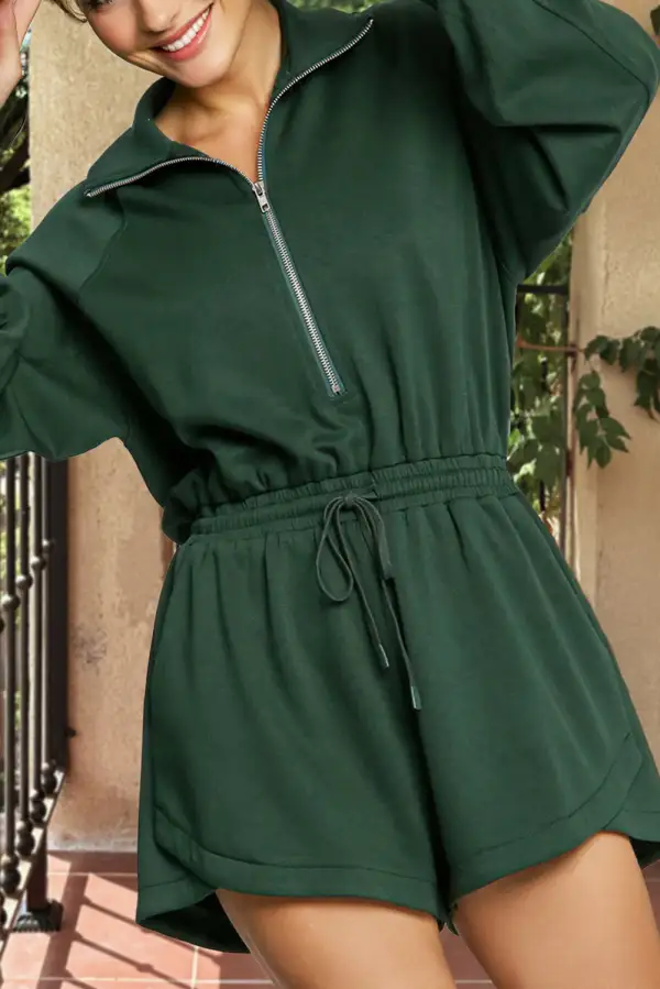 Collared Half Zip French Terry Knit Drawstring Romper