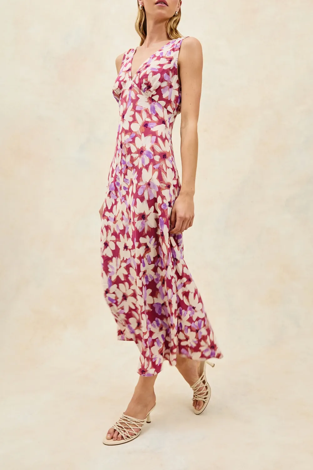 Purple-Red Floral Print Fitted Dress With A Waistline