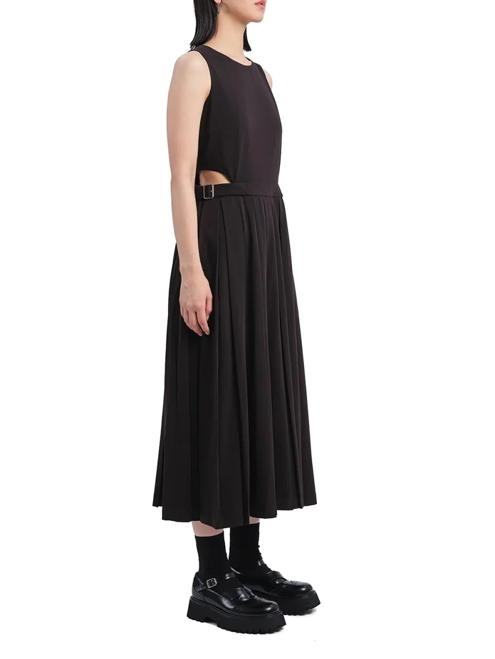 Black Pleated Cut - out Midi Dress