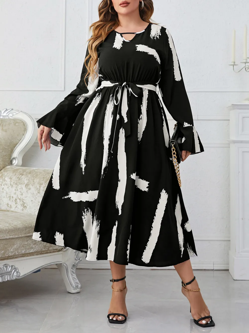 Black And White Special Neckline Flared Oversized Long Dress