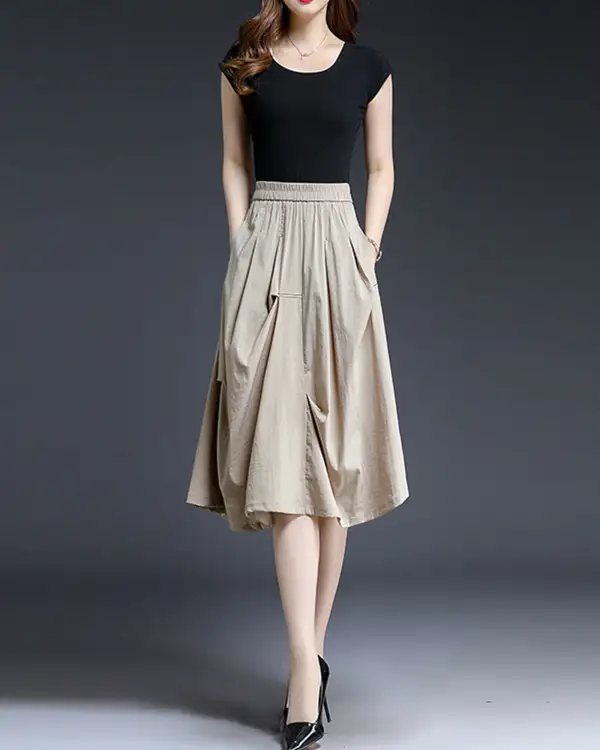 Soft Pocketed Linen A Line Midi Skirt