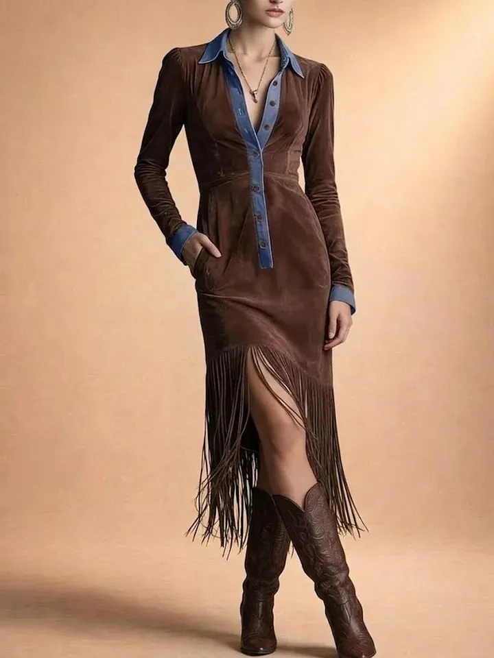 Advanced Retro Suede Leather, Women's Fringed Pleated Dress, Desert Road Travel Set