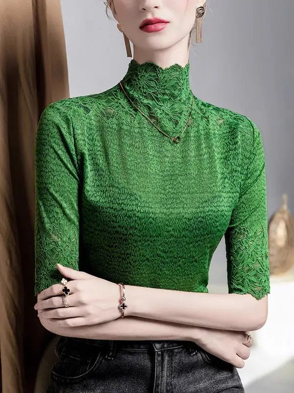 Layered Look Half Sleeve Slightly Sheer Panel Detail Textured High Neck T-Shirt