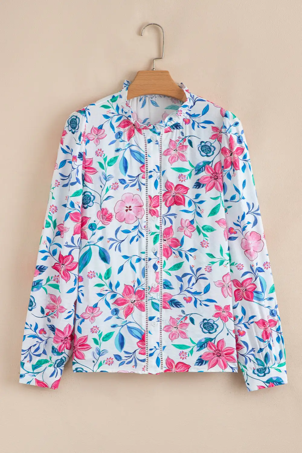 Floral Lace Trim Button Front Shirt Blouse
