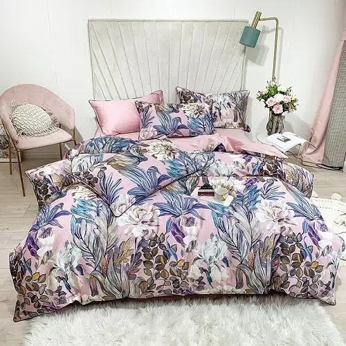 (Store Closing Sale) 6Pcs Luxury Egyptian Cotton Bedding Set Bright Flamingo Leaf Duvet Cover Bed Fitted sheet