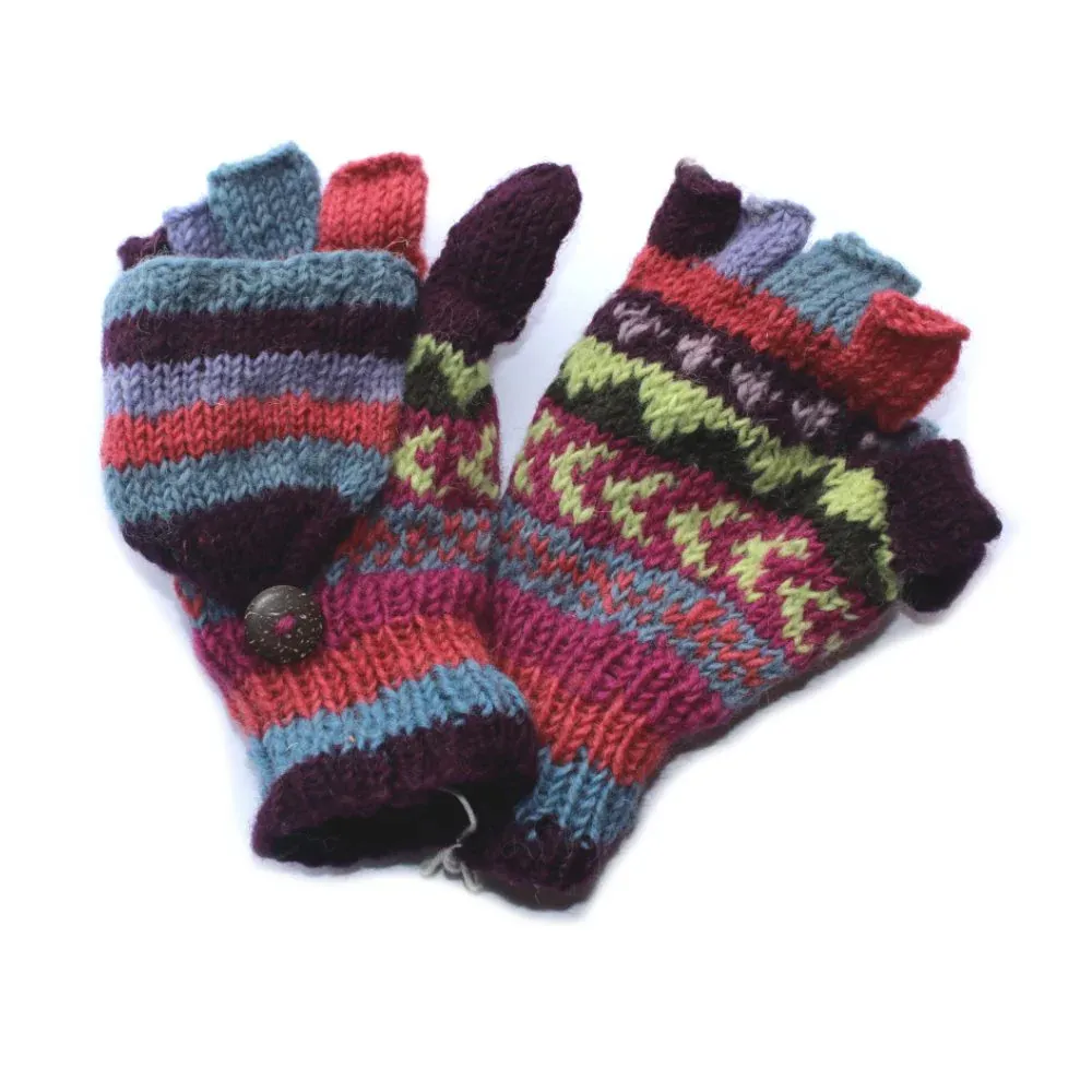 STRIPE FINGERLESS GLOVES WITH MITTEN FLAP