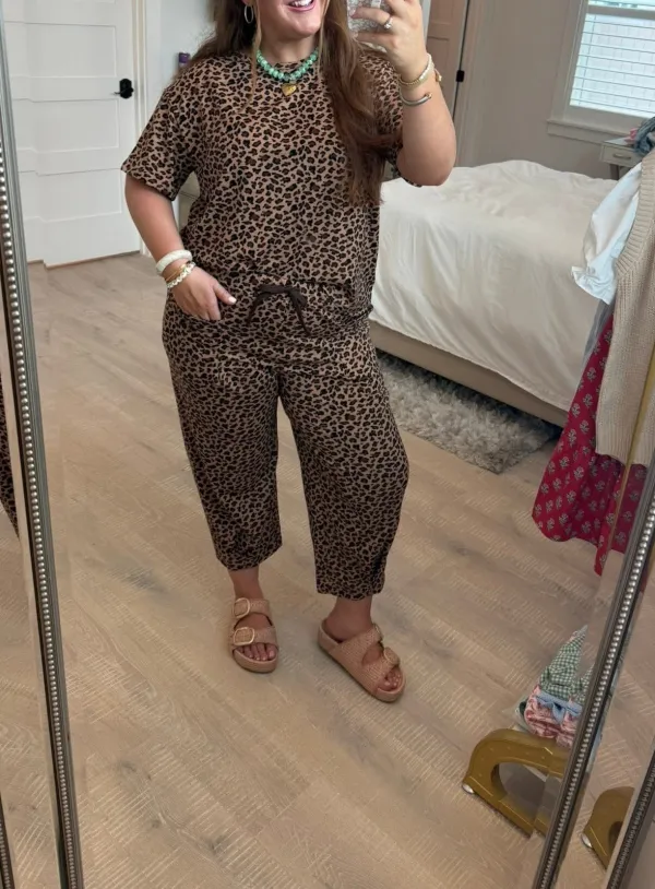Leopard Relaxed Drawstring High Waist Two Piece Set