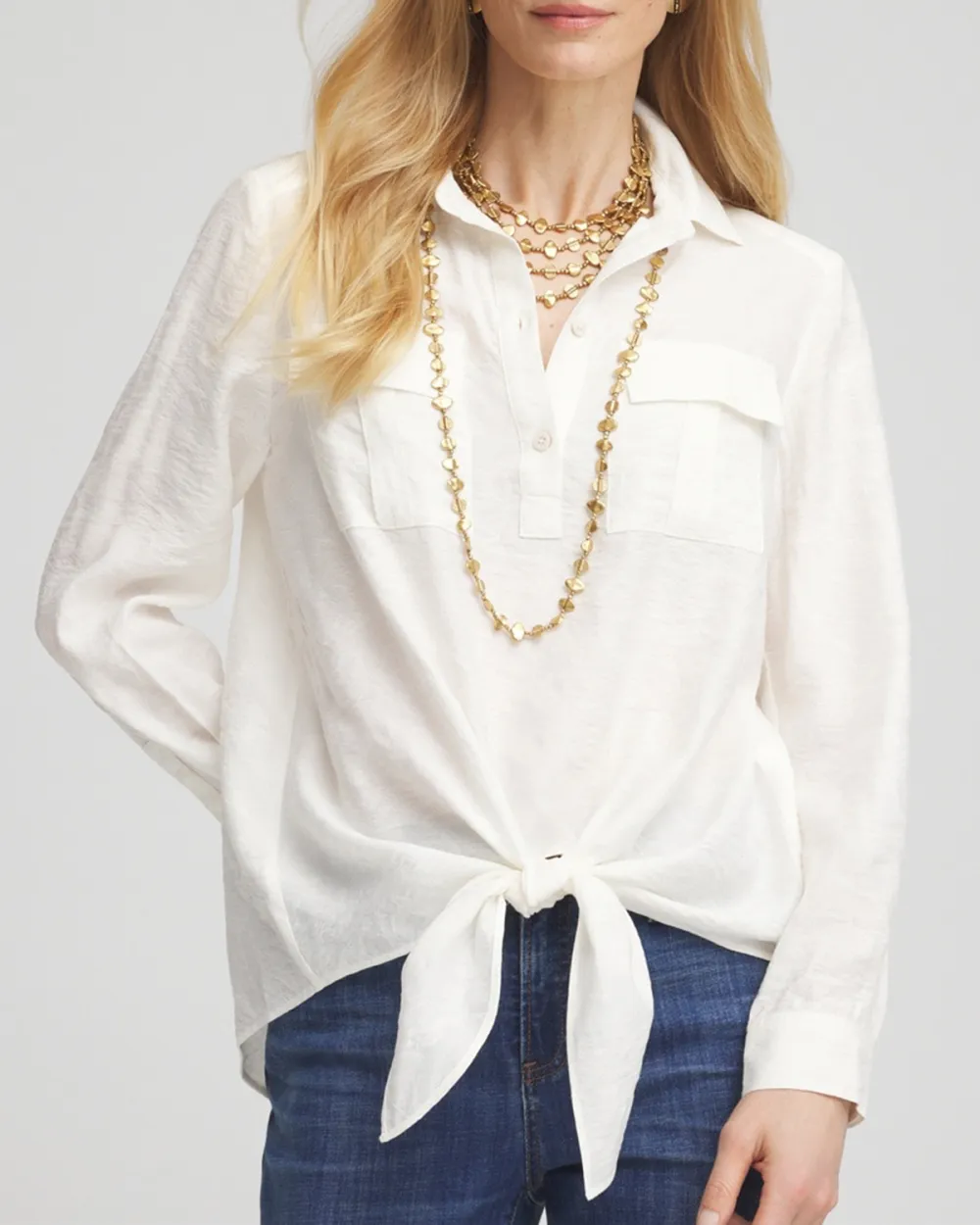 White Tie Front Long Sleeve Shirt