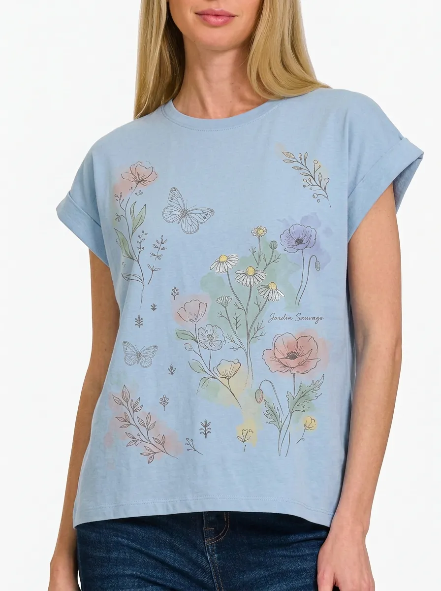 Women's Botanical Butterfly Floral Watercolor Printed T-shirt