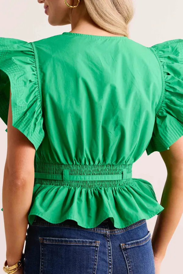 Green Ruffled Sleeve Belted Peplum Top