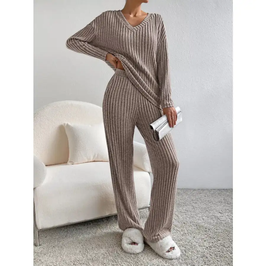 Ribbed Knit Long Sleeve Top and Pants Set