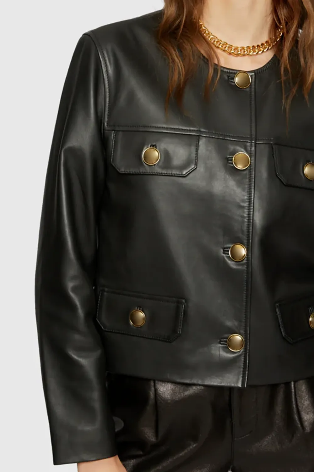 Women'S Stylish Crew-Neck Leather Jacket