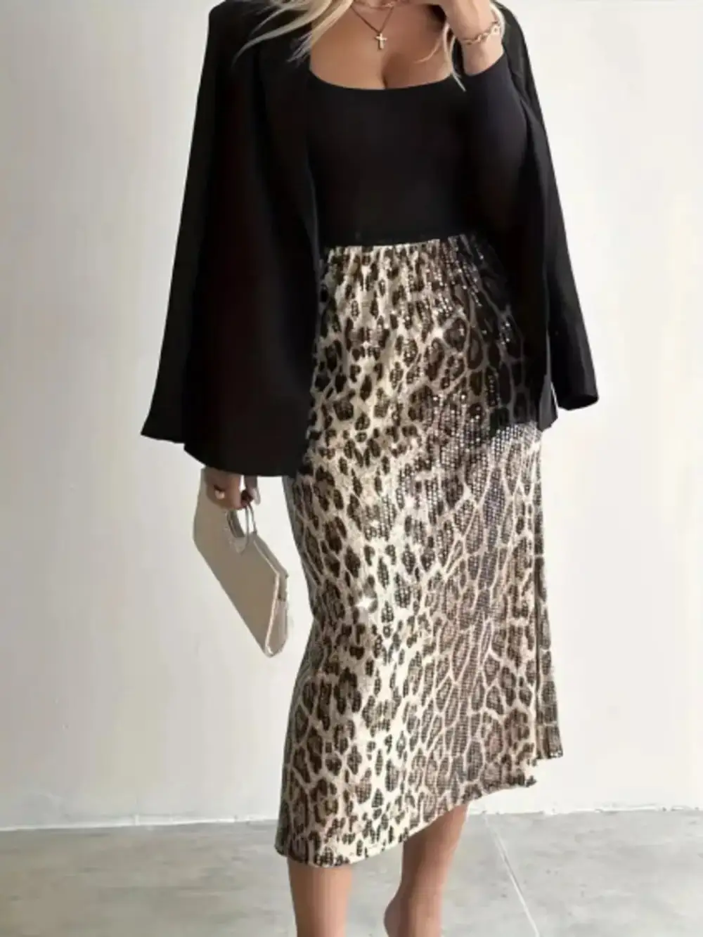 Leopard Print Sequin Midi Skirt