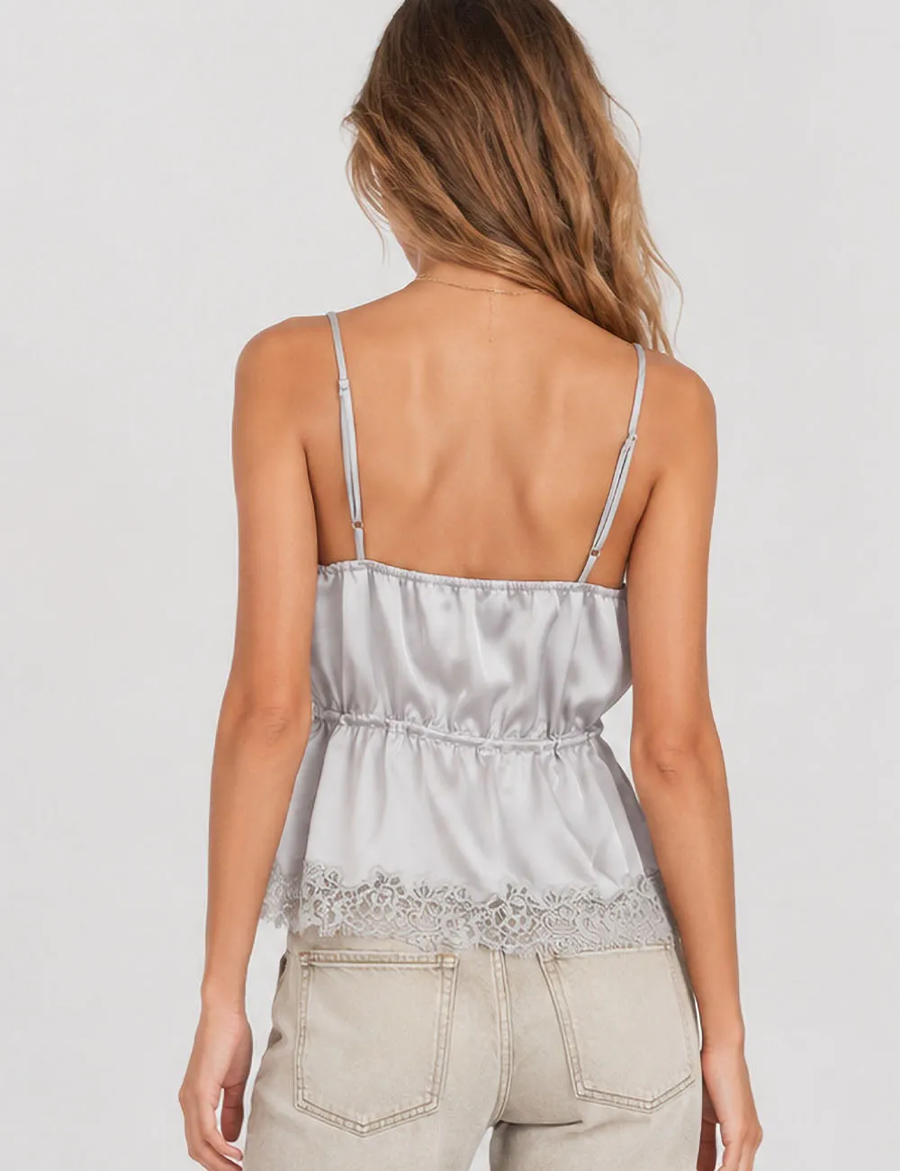 Romantic Stain Lace Trim V Neck Waist Drawstring Cami Top