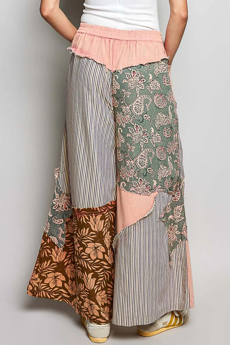 Striped Floral Patchwork Wide Leg Pants With Side Big Star Patch