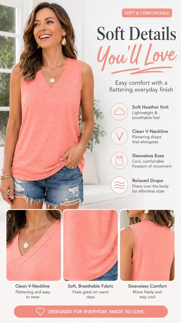 Women Summer Sleeveless V Neck Tank Top, Slimming Loose Fit Casual Tee for Daily