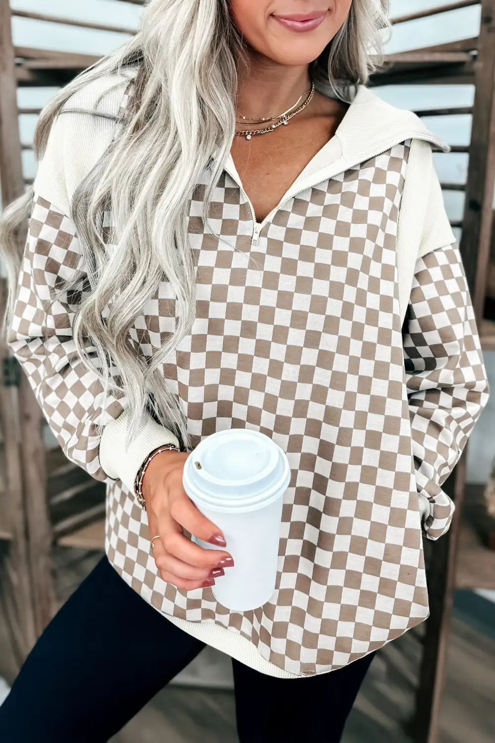 Relaxed Patchwork Ribbed Printed Quarter Zip Sweatshirt