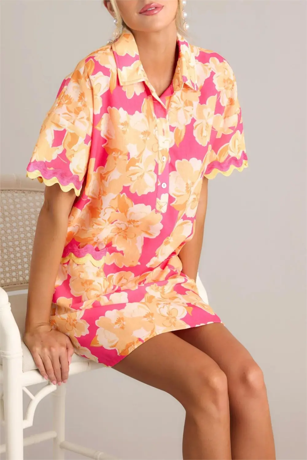 SEASIDE SERENITY PINK MULTI FLORAL MINI SHIRT DRESS