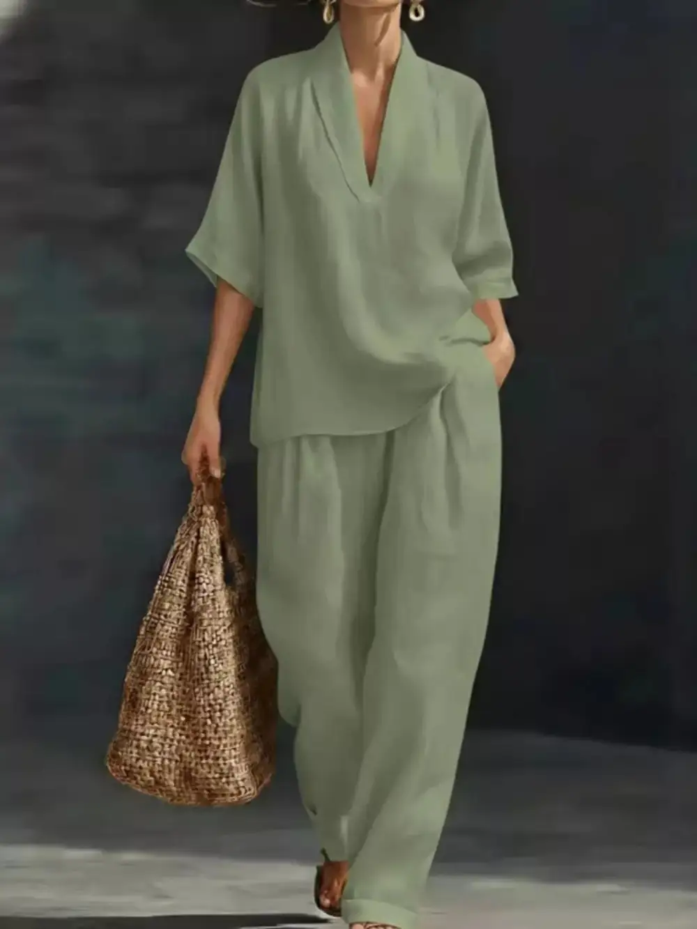 Relaxed Half Sleeve Top and Wide Leg Pants Set