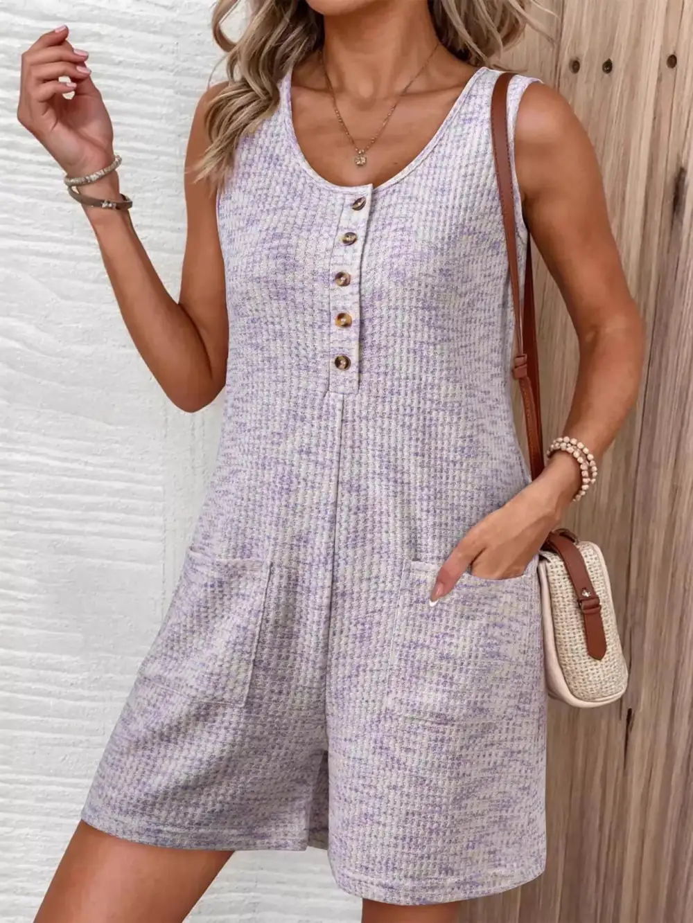 Button Front Sleeveless Romper
