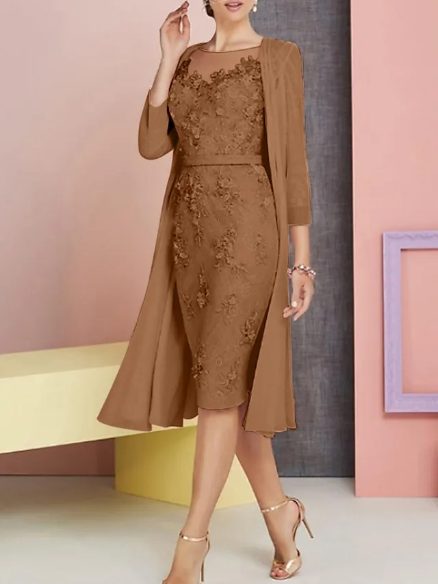 Two Piece Sheath Mother of the Bride Dress Pink Wedding Guest Church Elegant Vintage Plus Size Bateau Neck Knee Length Chiffon Lace 3/4 Length Sleeve Jacket Dresses with Appliques 2024