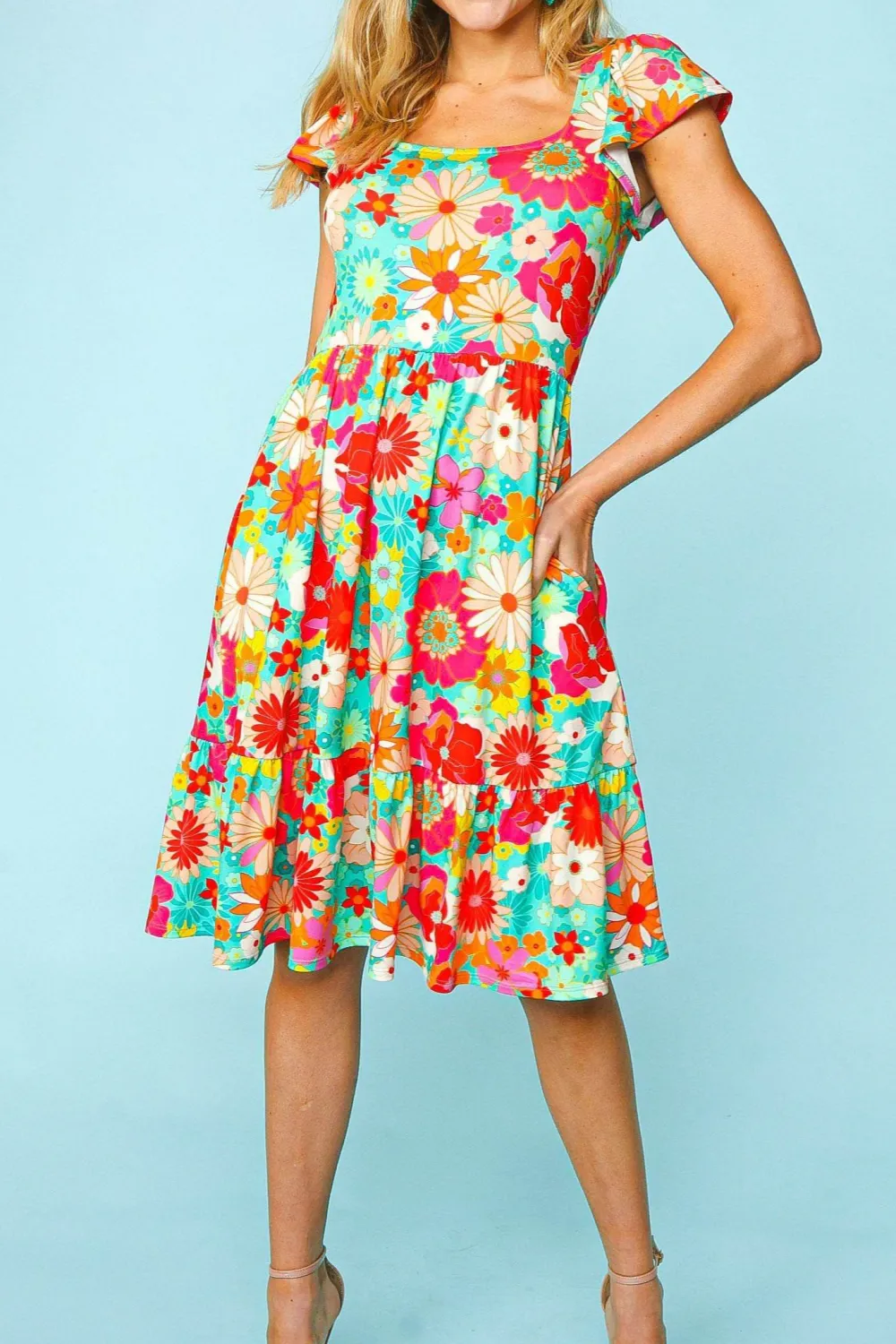 Floral Square Neck Short Sleeve Casual Dress