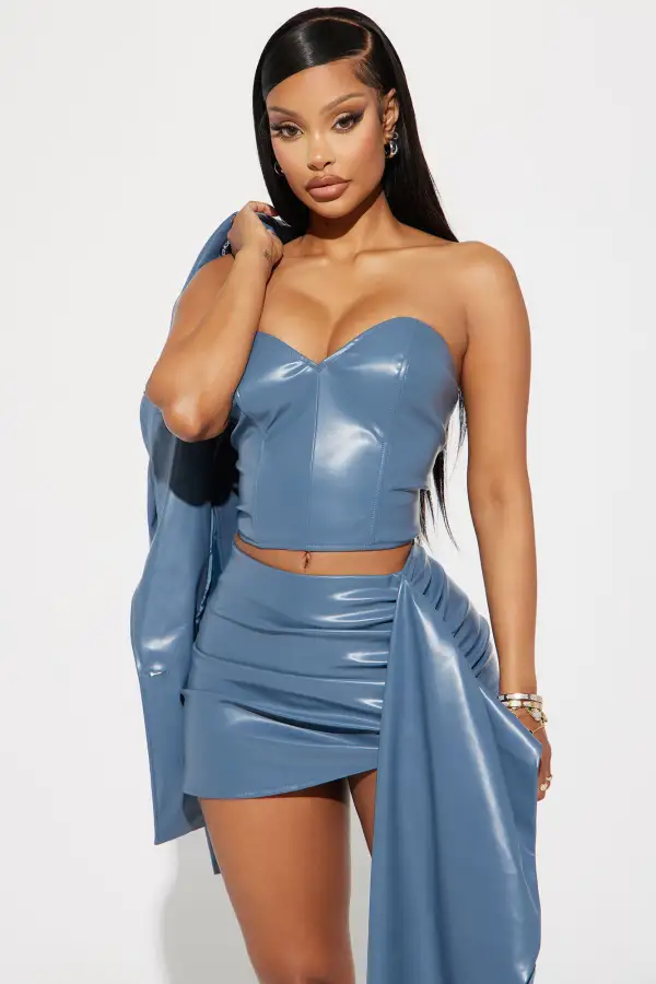 Paris 3 Piece Faux Leather Skirt Set - Slate Blue