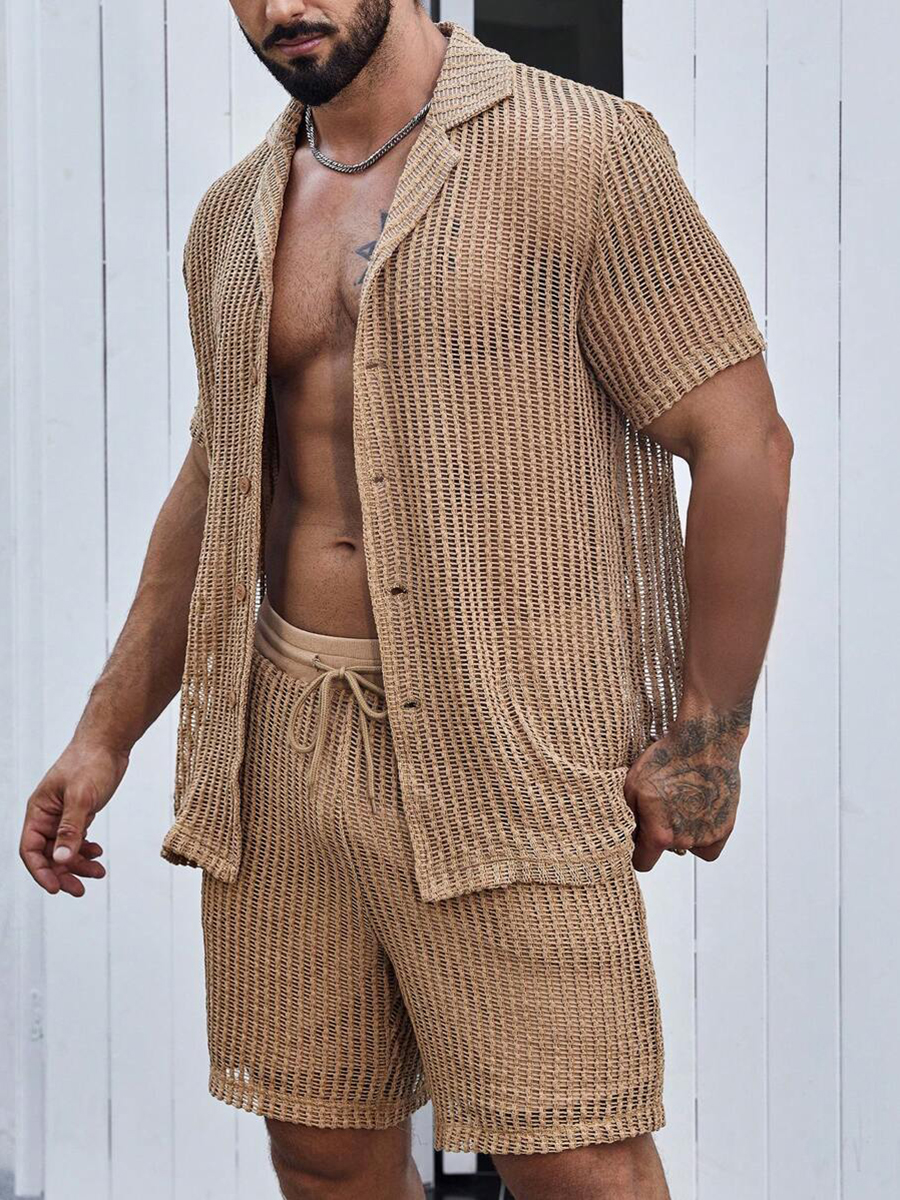 2Pcs Men's Resort Beach Woven Hollow Shirt Shorts Set