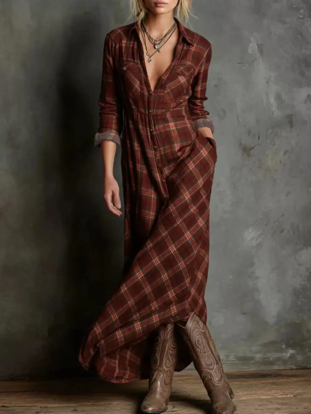 Plaid Button Front Maxi Dress