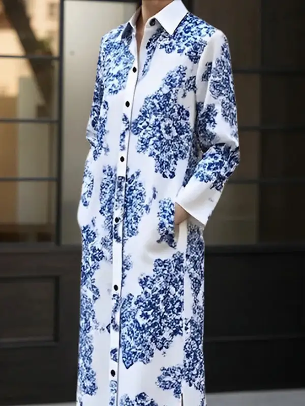Split Printed Buttoned Long Shirt Maxi Dress