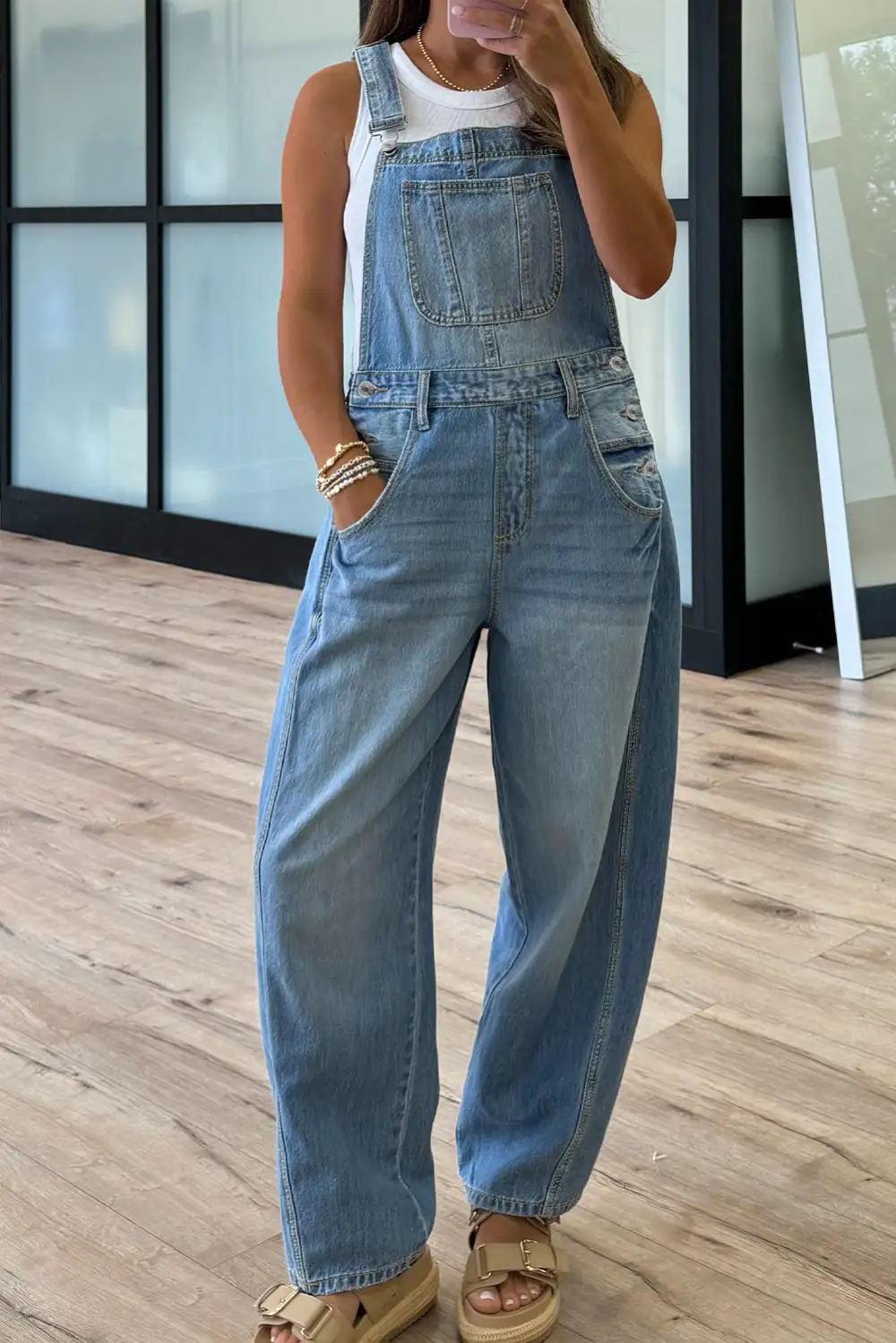Adjustable Buckle Barrel Denim Overalls
