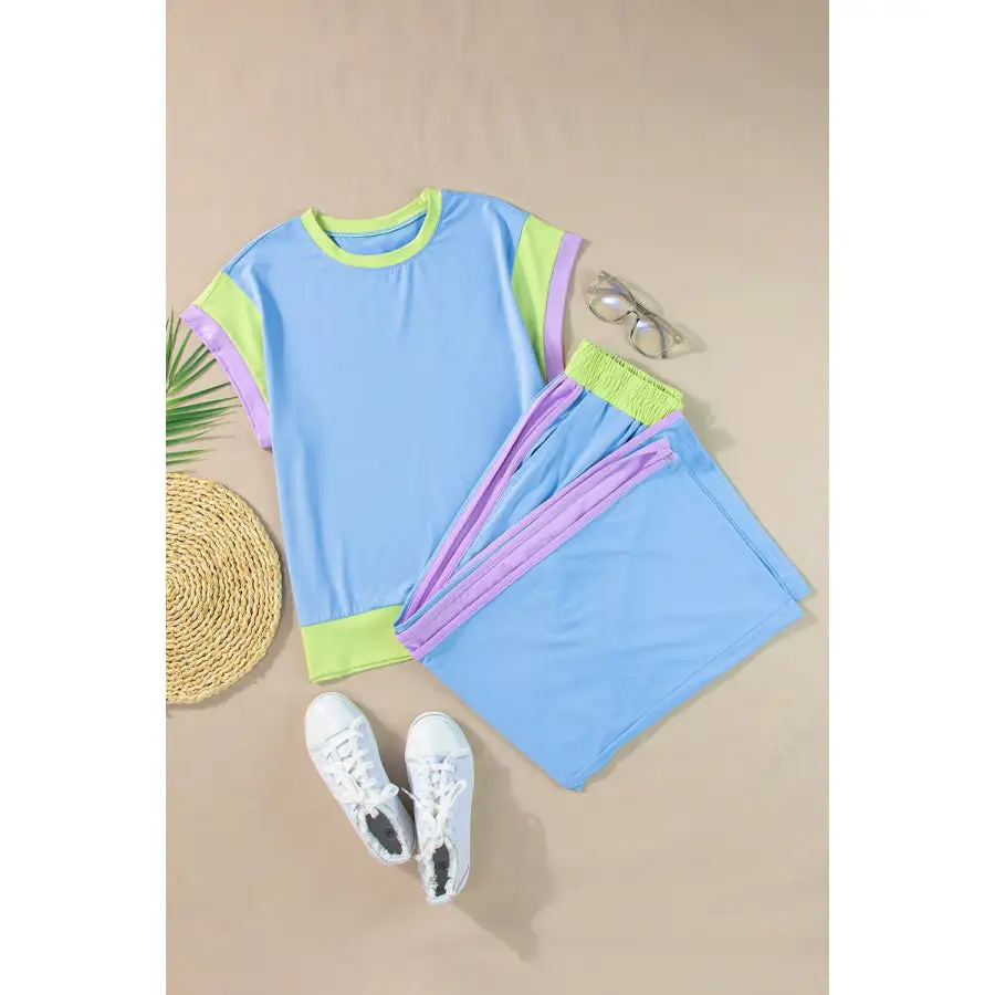 Contrast Round Neck Top and Pants Set